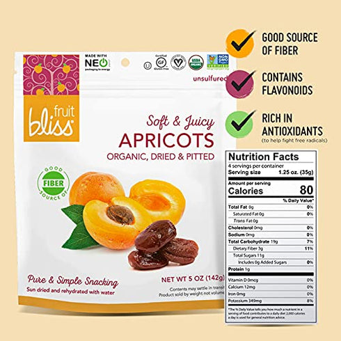 5 (Pack 6) Fruit Bliss Organic Dried Turkish Apricots, Pitted, Soft & Juicy, Non GMO, Ounces