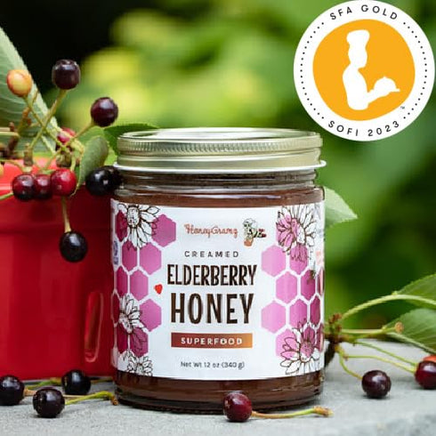HoneyGramz 3 Pack 5.5 oz Packed Organic Elderberry Honey - Raw and Kosher Creamed Honey and Organic Elderberry in a