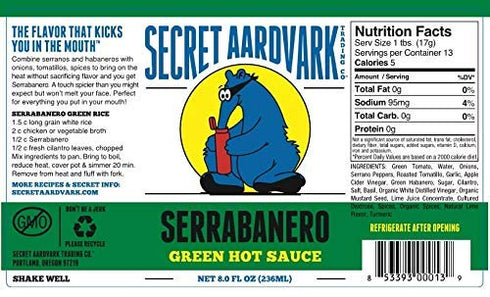 Secret Aardvark Serrabanero Green Hot Sauce | Made with Serrano & Green Habanero Peppers | Non-GMO, Low Carb, Low Sugar | Awesome Hot Sauce & Marinade 8 oz (2 Pack)