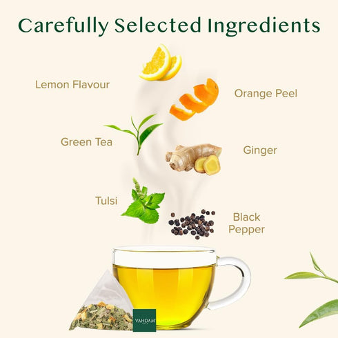 (100 VAHDAM, Lemon Ginger Tea Bags Green Tea Bags) Low Caffeine | Fruity Flavor - Zesty Lemon & Ginger, Orange Peel |