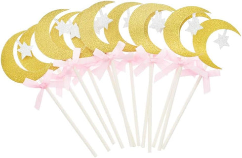30Pcs Glitter Cupcake Toppers, Gold Moon & Silver Star with Pink Bowknot for Birthday Party, Baby Shower Decorations