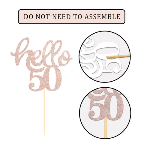 24 Pcs Rose Gold Glitter Cupcake Toppers for 50th Birthday Party Celebrations and Decorations