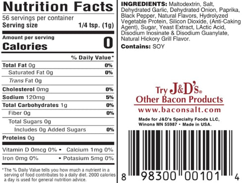 2.5 J&D's Bacon Salt, Original, Ounce, Bacon-Flavored Seasoning Salt, Vegan, Vegetarian, Kosher (Hickory)