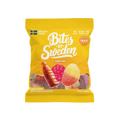 Bites By Sweden Gummy Red-40, 3.5oz, 12 Swedish Candy Mix, Candy, No Trans Fat, No No High Fructose Corn Syrup, Bags