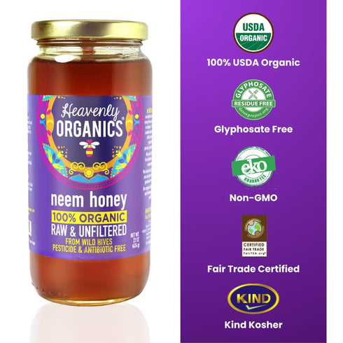 100% (Pack 1,22 oz) Heavenly Organics Raw Neem Honey, Organic | Wild Forest Honey from Neem Blossoms | Unheated