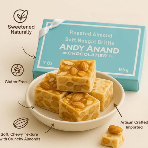 (Pack 2) ANDY ANAND CHOCOLATIER Sugar Free Almond Soft Nougat Brittle, Made in Italy, Gluten Free Nougat Candy Turrones