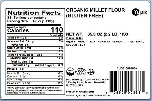 2.2 lb (35.2 oz), Yupik Organic Millet Flour, Gluten-Free, Non-GMO, Kosher, Vegan, Raw, Salt-Free, Plant-Based Protein