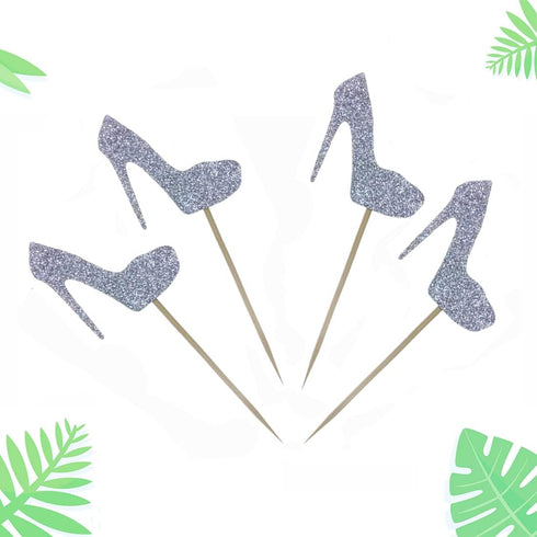 Morndew 24 PCS Silver Glitter Heels Cupcake Toppers for Gender Reveal Party Baby Shower Decorations