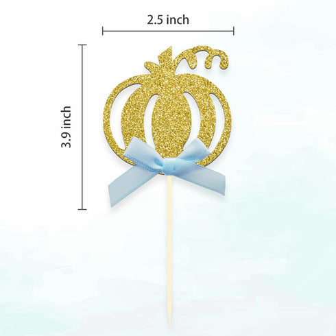 24pcs Pumpkin Cupcake Toppers - Fall Theme Cake Decoration for Baby Shower Party Supplies (Blue Bow)