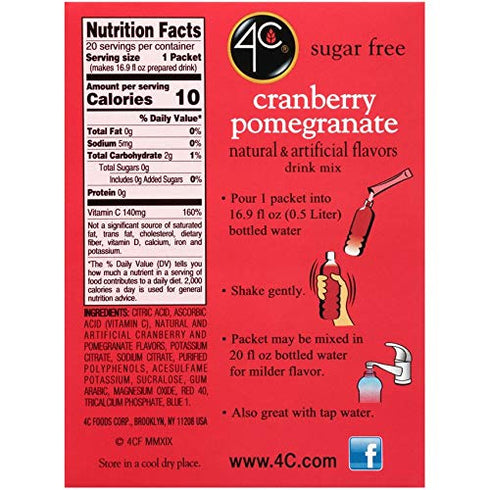4C Powder Drink Mix Packets, Cranberry Pomegranate, 20 Count, Singles Stix On the Go, Sugar Free