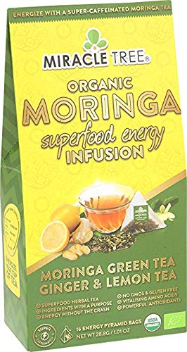 Miracle Tree's Moringa Energy Tea - Green Tea with Ginger & Lemon, Organic Certified, 16 Pyramid Sachets