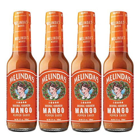 Melinda’s Mango Habanero Hot Sauce - Sweet & Mild, Made with Fresh Ingredients, 5oz, 4 Pack
