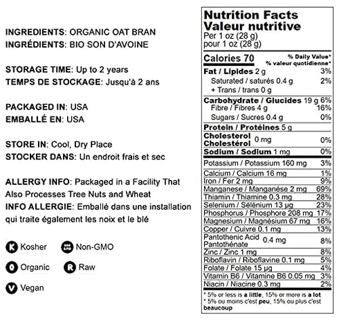 12 Food to Live Organic Oat Bran, Ounces Non-GMO, Kosher, Vegan, Bulk, High Fiber Hot Cereal, Milled from High Protein