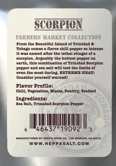 2.5 oz HEPPS Salt Co. Scorpion Sea Salt Our Hottest Salt Ever Ultra-Hot Finishing Salt with Real Trinidad Scorpion