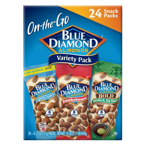 Pack 0.75 oz Packs, (Pack 1,24 Count Blue Diamond Almonds Snack Nut Variety for Kids, Office, School, On-the-go, Gluten
