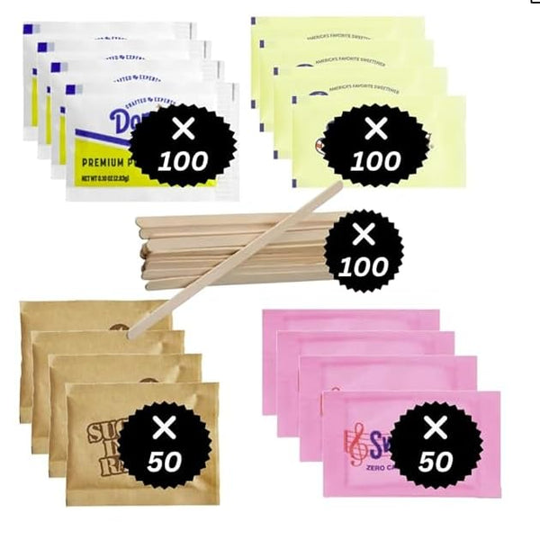 Generic Sugar Assortment Packets | Sugar and Sweetener Assortment Packets with Wooden Stirrers,