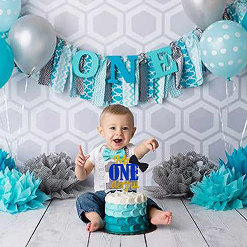 Joymee Mr Onederful Double Sided Cake Topper, 1st Birthday Decorations with Bowtie Gold Glitter