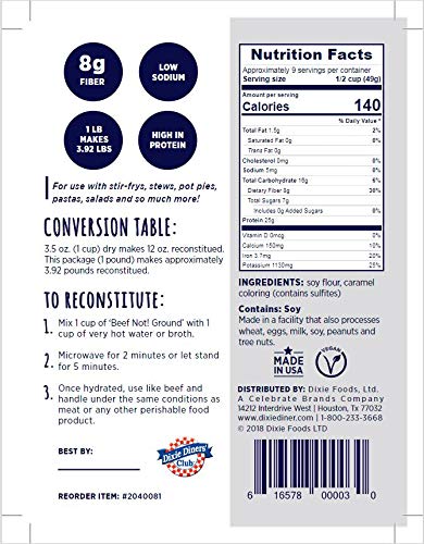 Dixie Carb Counters 1 lb 2 Pack 25g Dixie Diner's Texturized Vegetable Protein - Beef Not Bag - Vegan and Gluten Free
