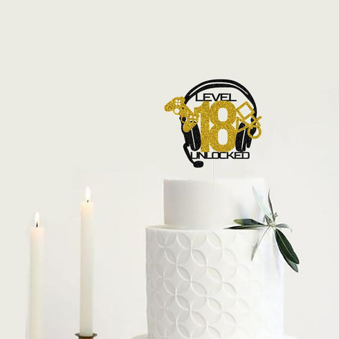 Level 18 Unlocked Cake Topper: Video Game Happy 18th Birthday Cake Decorations, Gold & Black Glitter