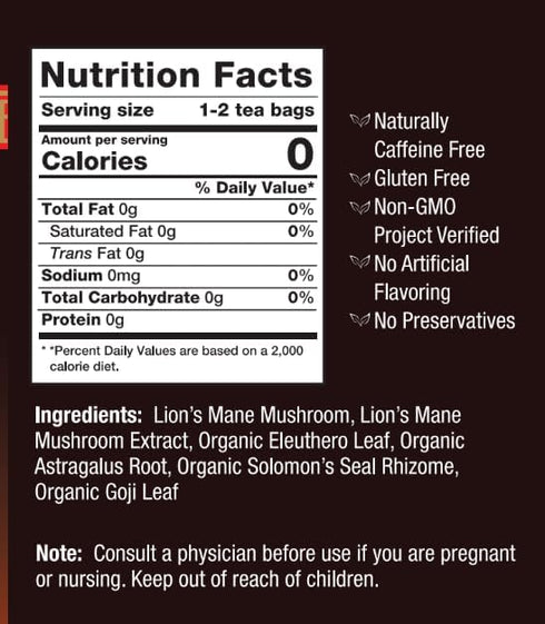 20 1 count Bravo Tea Lion's Mane Mushroom Herbal Tea Caffeine Free, tea bags