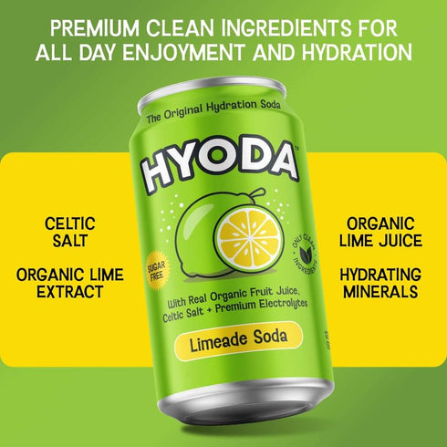 12 OZ 12 Pack HYODA Limeade Soda, Gluten Free and Vegan Sparkling Electrolyte Drink, Made with Organic Lime Juice