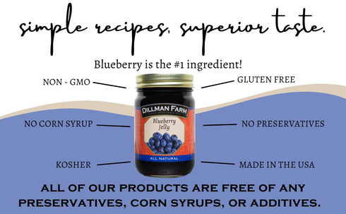 16oz (Pack 6) Dillman Farm All Natural Blueberry Jelly - Gluten-Free, Non-GMO, Vegan, Kosher, Eco-Friendly