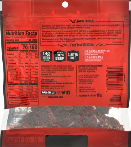 13g 70 2.3 oz Jack Link's Beef Jerky, Zero Sugar, Paleo Friendly Snack with No Artificial Sweeteners, of Protein