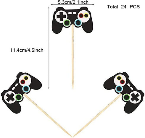 24 Pcs Video Game Controllers Cupcake Toppers - Gamepad Picks for Kids' Birthday Cake Decor.