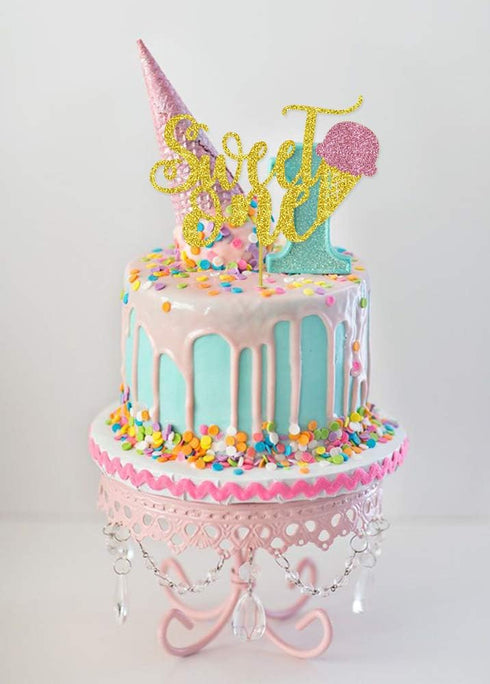 Ice Cream Sweet One Cake Topper - Double-Sided Glitter for Babies' Ice Cream First Birthday Party Decorations