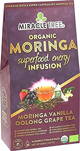 Miracle Tree's Moringa Energy Tea, Vanilla Oolong Grape, Organic Certified Healthy Coffee Alternative, 16 Pyramid