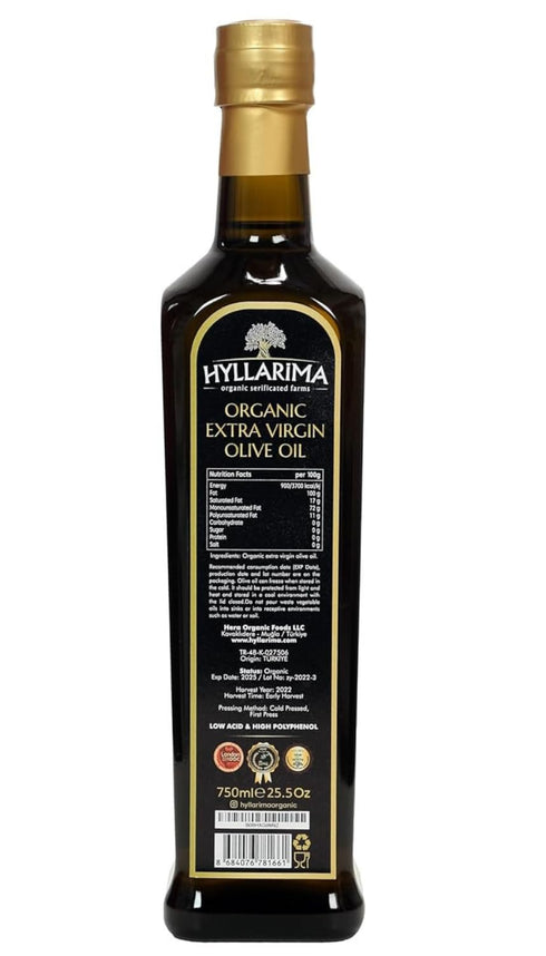24.5 oz (750ml) 100% Hyllarima Organic Extra Virgin Olive Oil fl | Early-Harvest | First Cold Pressed | Organic