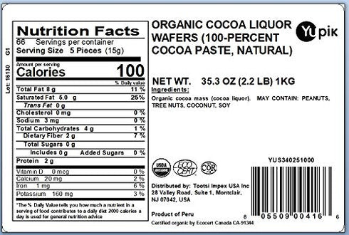 100% 2.2 lb (35.2 oz), Yupik Organic Cocoa Liquor Wafers, Cocoa, Gluten-Free, GMO-Free, Kosher, Vegan, Dairy-Free, No