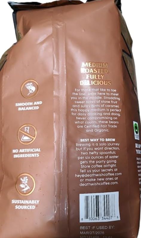 30 Death Wish Coffee Premium Organic Whole Bean Coffee, Medium Roast, Ounces