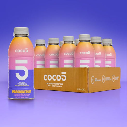 Coco5 100% 50% 16.9 OZ (Pack 12) Clean Sports Hydration Passion Fruit Flavor | Natural | Less Sugar | Nothing