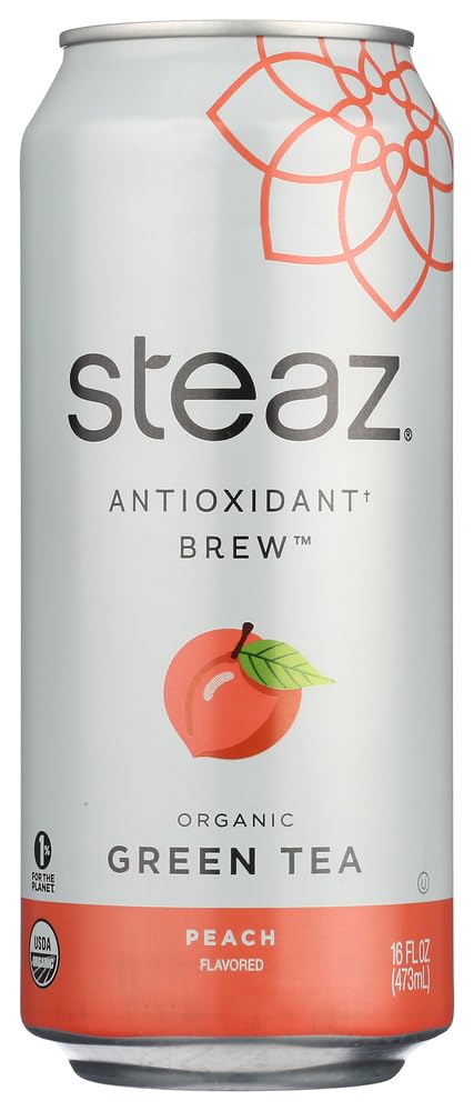 Steaz Organic Lightly Sweetened Iced Green Tea, Peach, 16 FL OZ (Pack