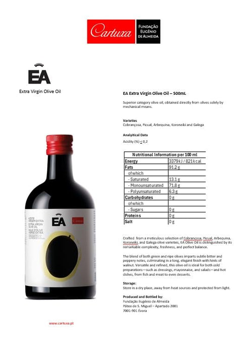 FUNDAO EUGNIO DE ALMEIDA 500ml, EA - Cartuxa Extra Virgin Olive Oil, Portuguese Premium, Multi-Varietal Blend
