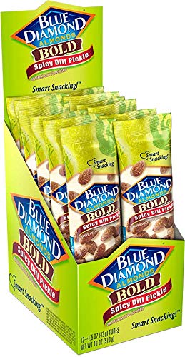 (1.5 Oz. Pack 12) Blue Diamond Almonds, Bold Spicy Dill Pickle Flavored Snack Nuts, Single Serve Bags Tubes