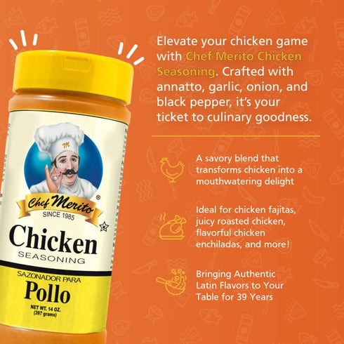 5 oz 1985 Chef Merito Chicken Seasoning | Savory & Balanced Poultry Blend | Perfect for Grilled, Roasted & Fried