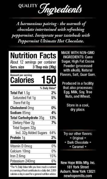 16oz, Ultimate Hot Chocolate, By NEW HOPE MILLS, NON-GMO, Vegan (Peppermint)