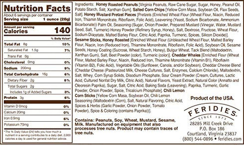 5 6oz FERIDIES Honey Cheddar O'Clock Crunch Gourmet Sweet and Spicy Snack Mix, Tin