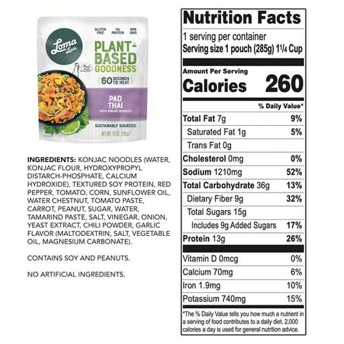 Packets (10 oz.), 6 pack) Loma Linda - Plant-Based Complete Meal Solution (Pad Thai with Konjac Noodles