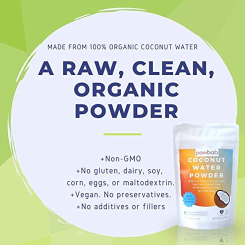 powbab Coconut Water Powder, 100% Organic, No Sugar Added, Dehydrated, Raw, Unsweetened Electrolytes