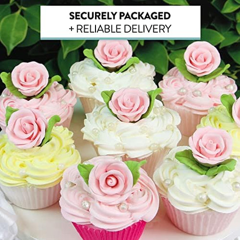 12 Count Global Sugar Art Premium Wedding Rose Edible Sugar Cake & Cupcake Flowers, Pink, with Leaves by Chef Alan
