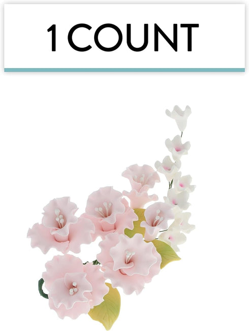 1 Count Sugar Blossom Cake Spray Gumpaste Flowers for Cake Decorating Soft Pink Cherry Blossoms with Green Leaves by