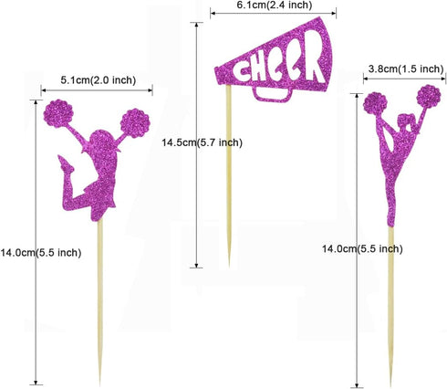 Morndew 24 PCS Purple Glitter Cheerleader Dance Horn Cupcake Toppers for Birthday Party Decorations
