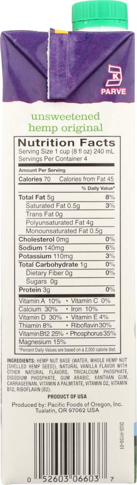 Pacific Natural Foods 32 oz.(pack 2) - All Natural Hemp Milk Unsweetened Original