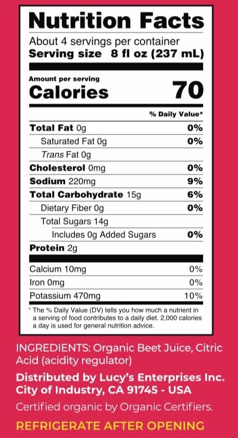 99% 34 oz. Lucys Family Owned - AMERICAN BEETS Organic Pure Beet Juice, Glass Bottle (Fresh Pressed and Pasteurized)