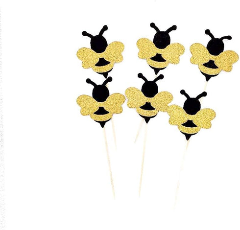 24 Pack Glitter Bumble Bee Cupcake Toppers for Baby Shower and Gender Reveal Party Decorations