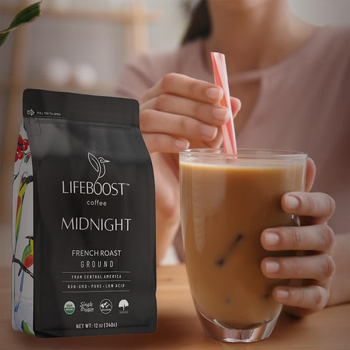 12 Lifeboost Midnight French Roast Coffee Ground - Non-GMO Single Origin USDA Organic Low Acid Coffee French Roast