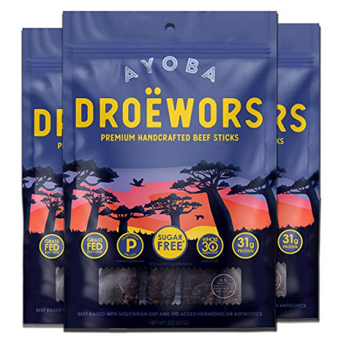 Ayoba Traditional Droewors Grass Fed Beef Paleo Sticks (2 Ounce, Pack of